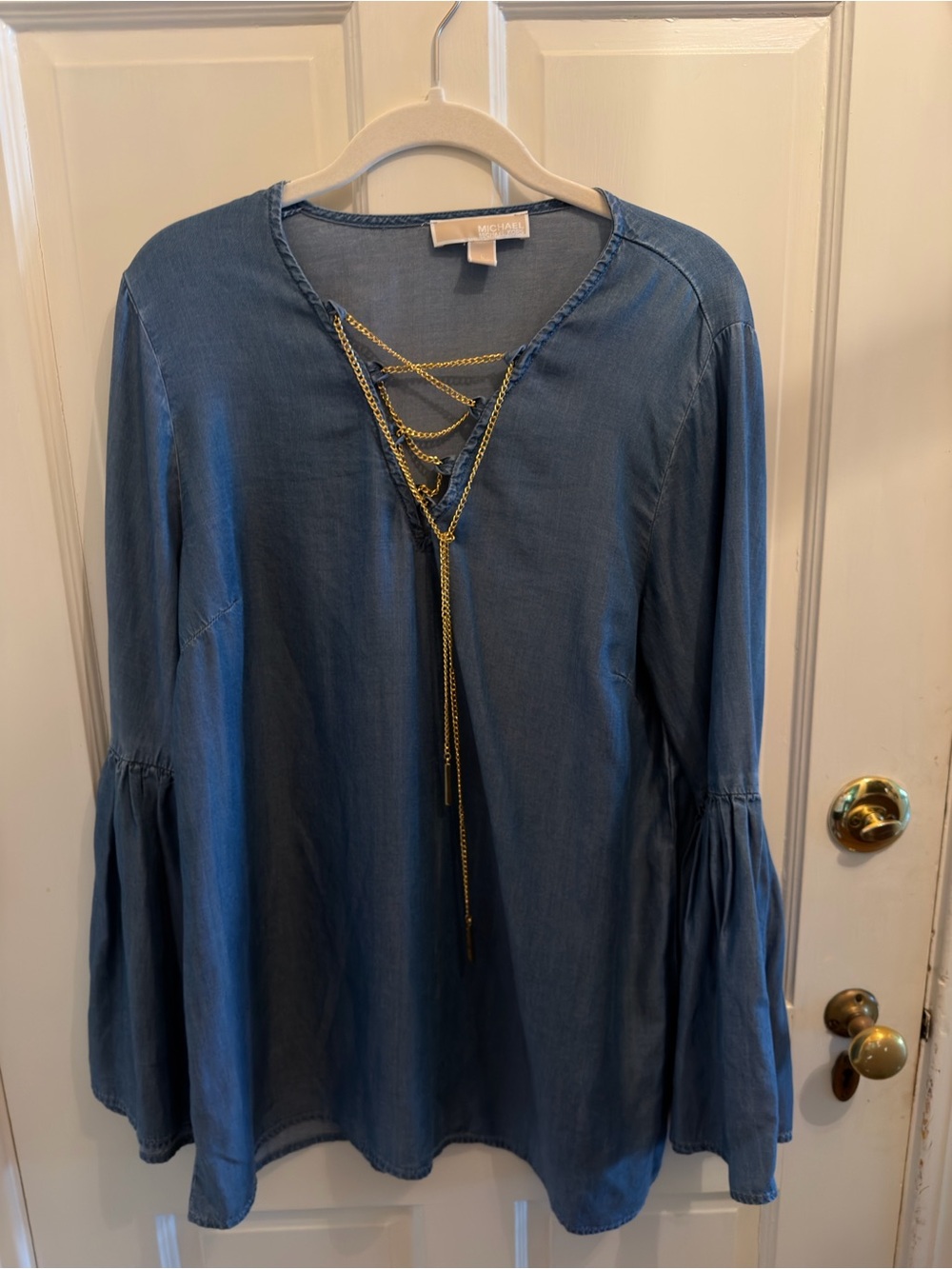 Michael Kors Denim-Blue Lace-Up Bell Sleeve Tunic
